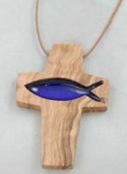 Olivenholz-Kreuz Fisch blau